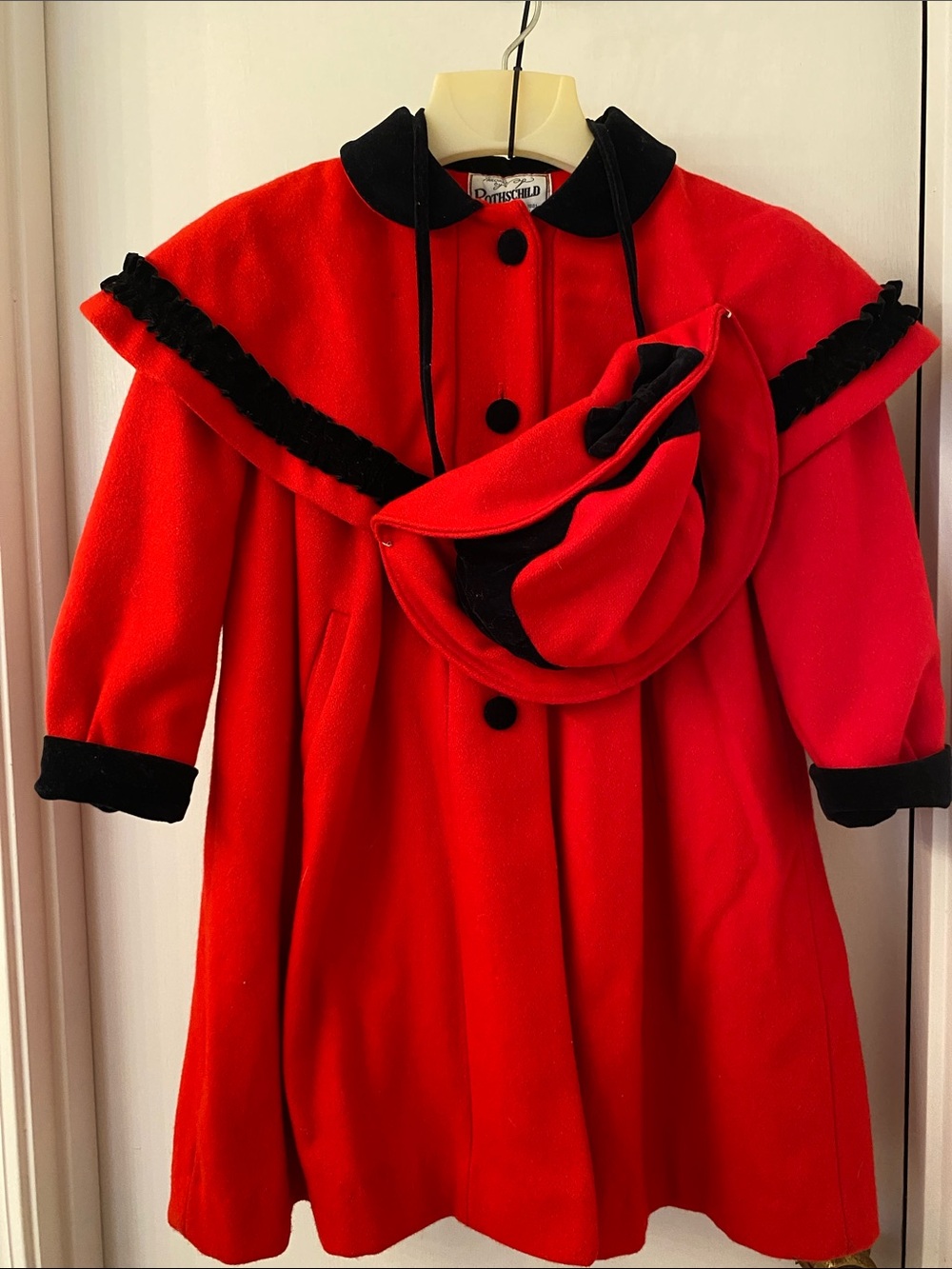 Rothschild Red Girls' Coat with Black Trim and Matching Hat